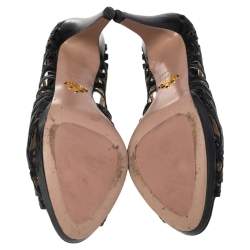 Pre Owned Prada Black Leather Peep Toe Ankle Strappy Zipper Booties Size 39.5