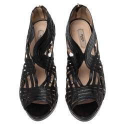 Pre Owned Prada Black Leather Peep Toe Ankle Strappy Zipper Booties Size 39.5