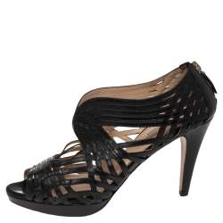 Pre Owned Prada Black Leather Peep Toe Ankle Strappy Zipper Booties Size 39.5