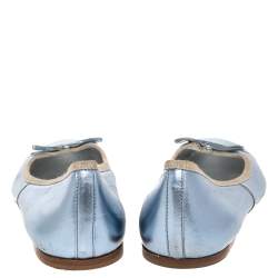 Pre Owned Prada Metallic Blue Leather Cap Toe Bow Ballet Flats Size 38.5