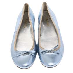 Pre Owned Prada Metallic Blue Leather Cap Toe Bow Ballet Flats Size 38.5