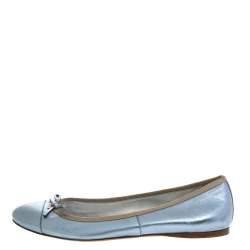 Pre Owned Prada Metallic Blue Leather Cap Toe Bow Ballet Flats Size 38.5