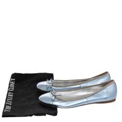 Pre Owned Prada Metallic Blue Leather Cap Toe Bow Ballet Flats Size 38.5