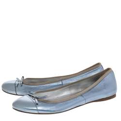 Pre Owned Prada Metallic Blue Leather Cap Toe Bow Ballet Flats Size 38.5