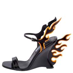 Prada Black Patent Leather Flame Ankle Strap Wedge Sandals Size 38 Prada |  TLC