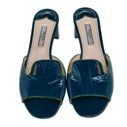 Pre Owned Prada Blue Patent Saffiano Leather Block Heel Slide Sandals Size 37