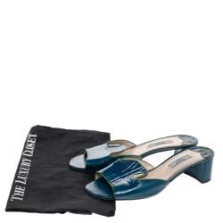 Pre Owned Prada Blue Patent Saffiano Leather Block Heel Slide Sandals Size 37