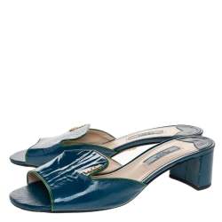 Pre Owned Prada Blue Patent Saffiano Leather Block Heel Slide Sandals Size 37