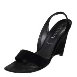 Pre Owned Prada Black Suede Wedge Slingback Sandals Size 37.5