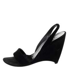 Pre Owned Prada Black Suede Wedge Slingback Sandals Size 37.5