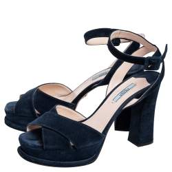 Pre Owned Prada Navy Blue Suede Ankle Strap Platform Sandals Size 40