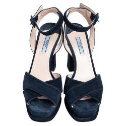 Pre Owned Prada Navy Blue Suede Ankle Strap Platform Sandals Size 40