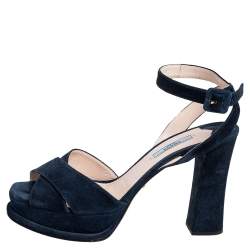 Pre Owned Prada Navy Blue Suede Ankle Strap Platform Sandals Size 40