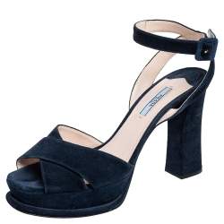 Pre Owned Prada Navy Blue Suede Ankle Strap Platform Sandals Size 40