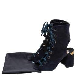 Pre Owned Prada Blue Suede Cut Out Lace Up Open Toe Block Heel Ankle Boots Size 36