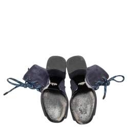 Pre Owned Prada Blue Suede Cut Out Lace Up Open Toe Block Heel Ankle Boots Size 36