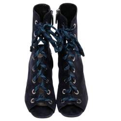 Pre Owned Prada Blue Suede Cut Out Lace Up Open Toe Block Heel Ankle Boots Size 36