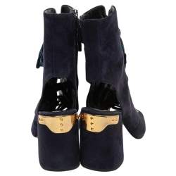 Pre Owned Prada Blue Suede Cut Out Lace Up Open Toe Block Heel Ankle Boots Size 36