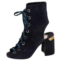 Pre Owned Prada Blue Suede Cut Out Lace Up Open Toe Block Heel Ankle Boots Size 36