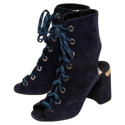 Pre Owned Prada Blue Suede Cut Out Lace Up Open Toe Block Heel Ankle Boots Size 36