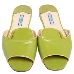 Pre Owned Prada Green Saffiano Patent Leather Slide Flats Size 37