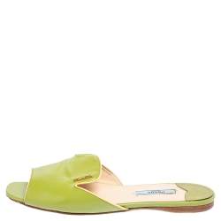 Pre Owned Prada Green Saffiano Patent Leather Slide Flats Size 37
