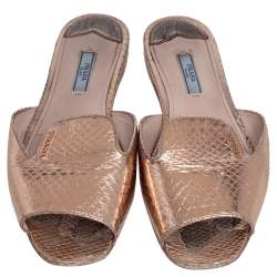 Pre Owned Prada Gold Python Embossed Leather Slide Flats Size 39.5
