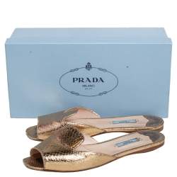 Pre Owned Prada Gold Python Embossed Leather Slide Flats Size 39.5