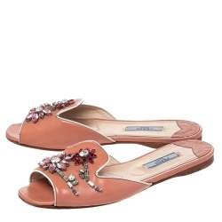 Pre Owned Prada Peach Saffiano Patent Leather Crystal Embellished Flat Slides Size 36