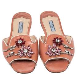 Pre Owned Prada Peach Saffiano Patent Leather Crystal Embellished Flat Slides Size 36