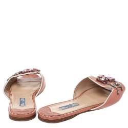 Pre Owned Prada Peach Saffiano Patent Leather Crystal Embellished Flat Slides Size 36