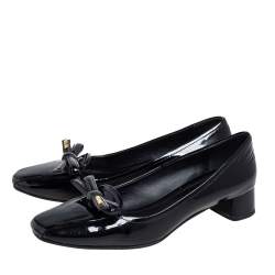 Pre Owned Prada Black Patent Leather Bow Block Heel Pumps Size 36.5