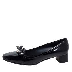 Pre Owned Prada Black Patent Leather Bow Block Heel Pumps Size 36.5
