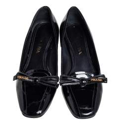Pre Owned Prada Black Patent Leather Bow Block Heel Pumps Size 36.5