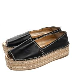 Pre Owned Prada Black Leather Peep Toe Platform Espadrille Flats Size 39