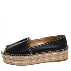 Pre Owned Prada Black Leather Peep Toe Platform Espadrille Flats Size 39