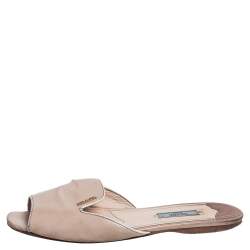 Pre Owned Prada Beige Patent Saffiano Leather Flat Slides Size 39