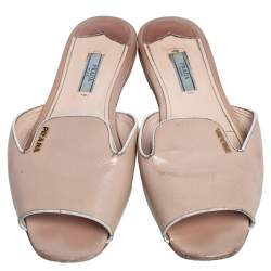Pre Owned Prada Beige Patent Saffiano Leather Flat Slides Size 39