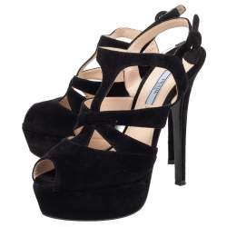 Pre Owned Prada Black Suede Peep Toe Slingback Platform Sandals Size 39