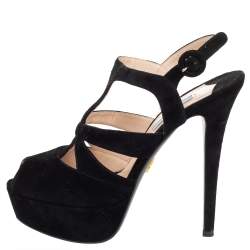 Pre Owned Prada Black Suede Peep Toe Slingback Platform Sandals Size 39