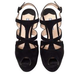 Pre Owned Prada Black Suede Peep Toe Slingback Platform Sandals Size 39