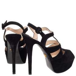 Pre Owned Prada Black Suede Peep Toe Slingback Platform Sandals Size 39