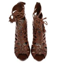 Pre Owned Prada Brown Leather Tassel Lace-up Strappy Cage Sandals Size 39