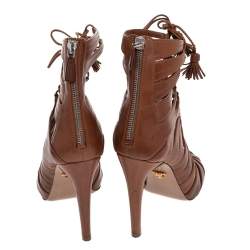 Pre Owned Prada Brown Leather Tassel Lace-up Strappy Cage Sandals Size 39