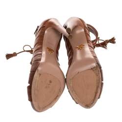 Pre Owned Prada Brown Leather Tassel Lace-up Strappy Cage Sandals Size 39