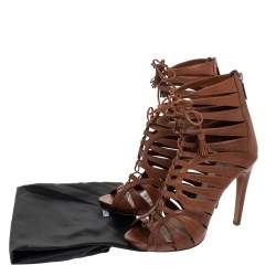 Pre Owned Prada Brown Leather Tassel Lace-up Strappy Cage Sandals Size 39