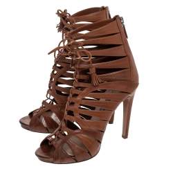 Pre Owned Prada Brown Leather Tassel Lace-up Strappy Cage Sandals Size 39
