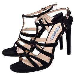 Pre Owned Prada Black Suede Cross T Strappy Sandals Size 39