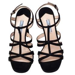 Pre Owned Prada Black Suede Cross T Strappy Sandals Size 39