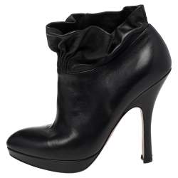 Pre Owned Prada Black Leather Ruffle Detail Platform Ankle Length Booties Size EU 36.5